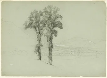 Bergachtig landschap met twee bomen, 1851